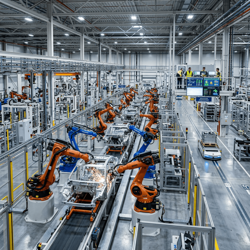 Robotic arms welding and assembling car frames in factory