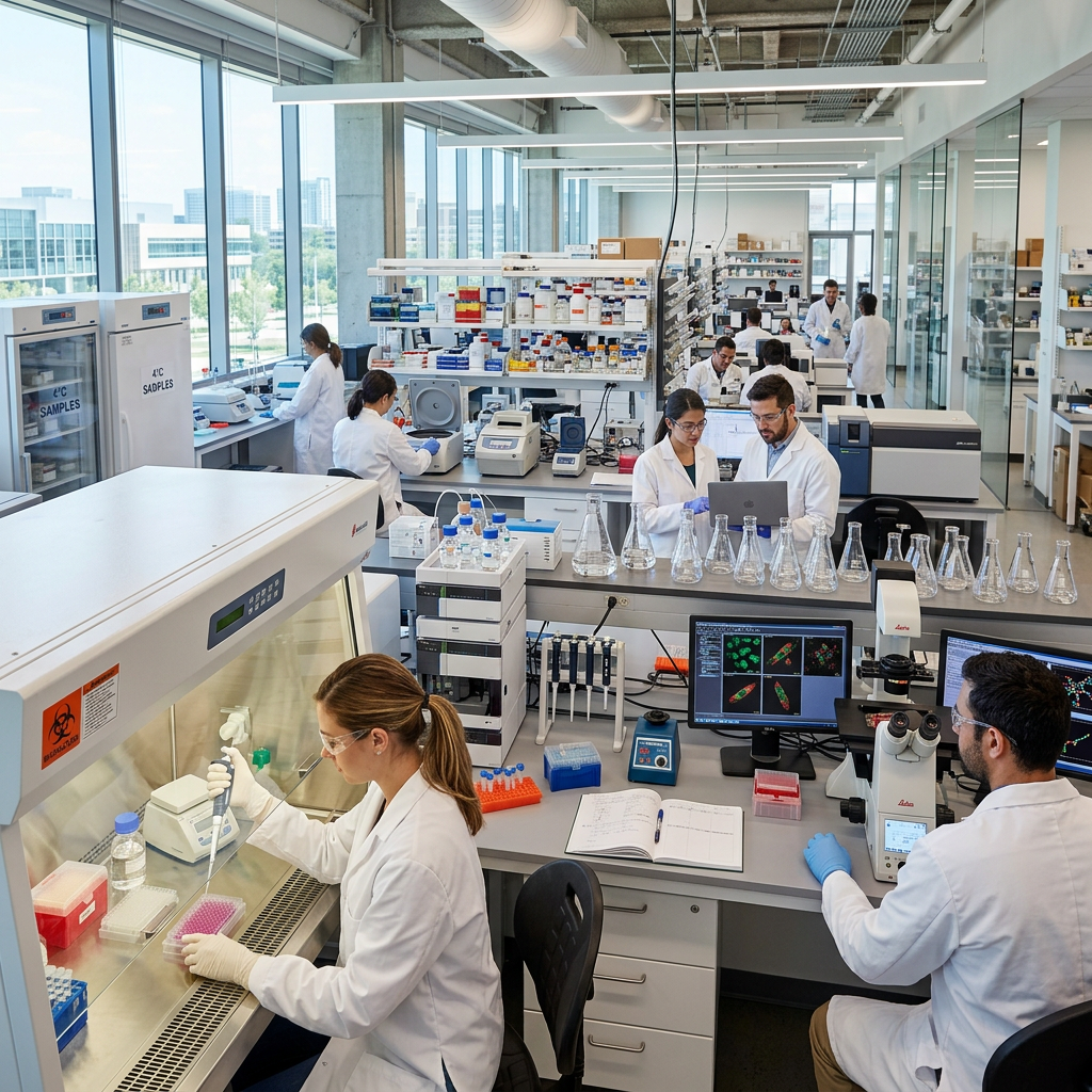 Scientists working in a biomedical research laboratory with lab equipment and computers