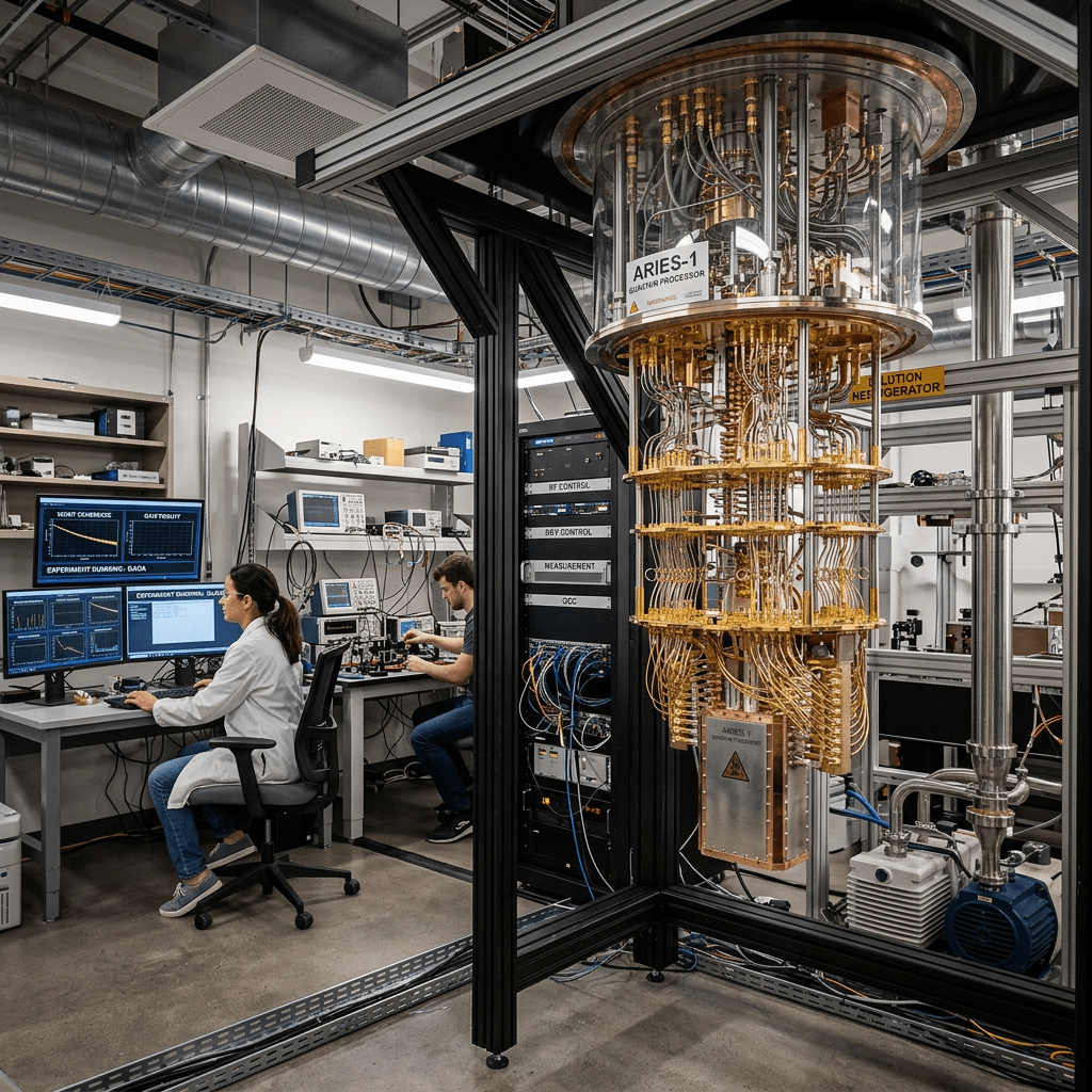 Quantum computing lab with researchers at workstations and ARIES-1 quantum processor