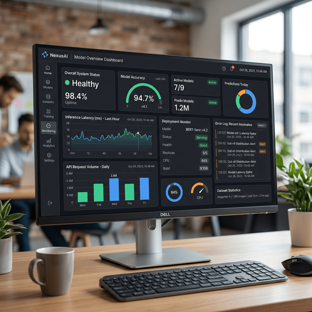 AI model monitoring dashboard displaying system status, accuracy, latency, request volume, deployment health, and error alerts