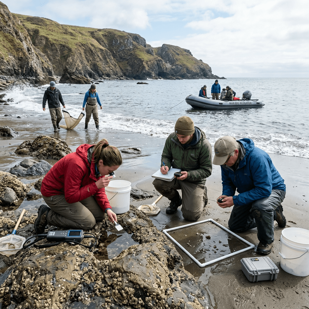 Scientists collecting and examining marine samples on a rocky beach with research boat nearby