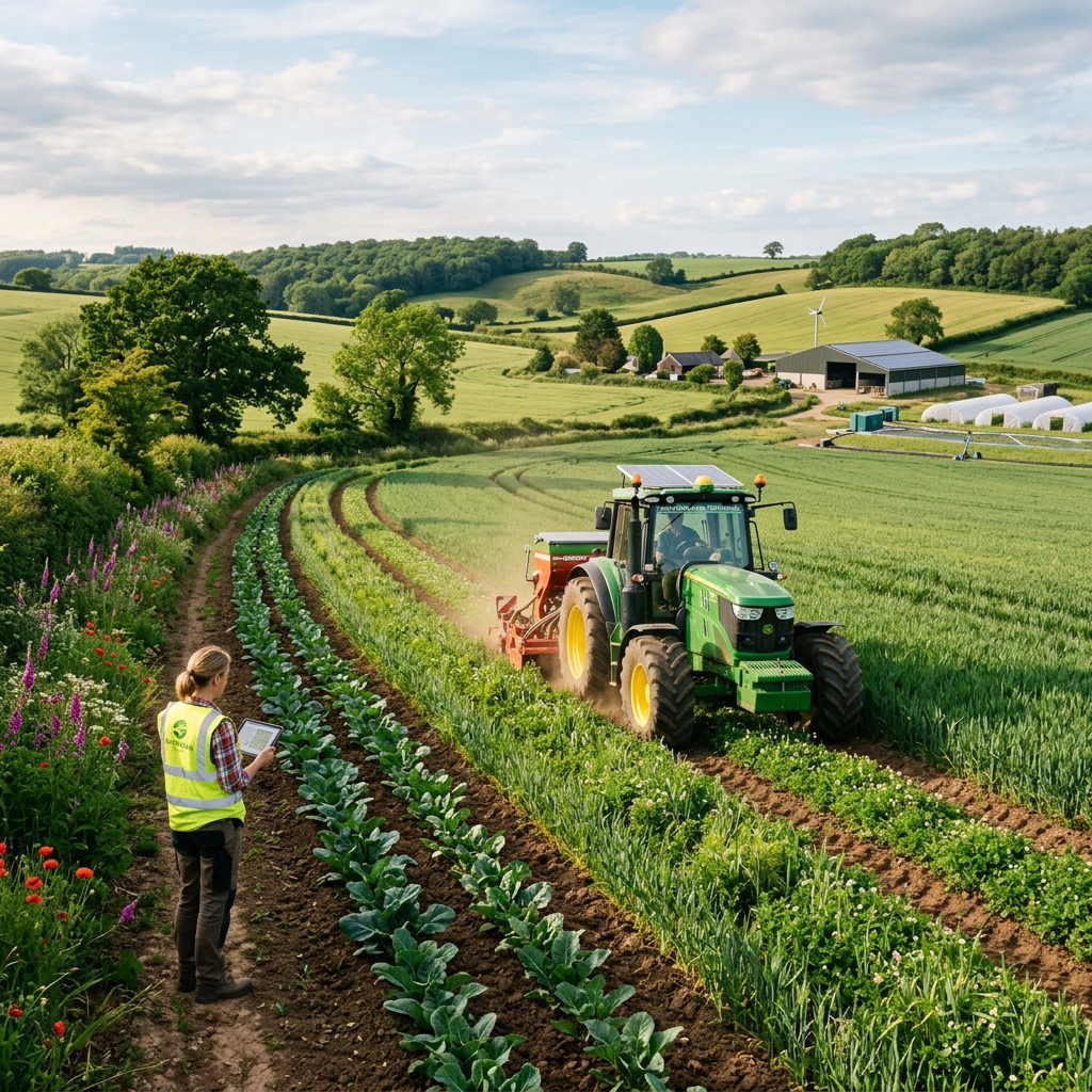 Farmer in high-visibility vest holding tablet near tractor working in crop rows on green farm