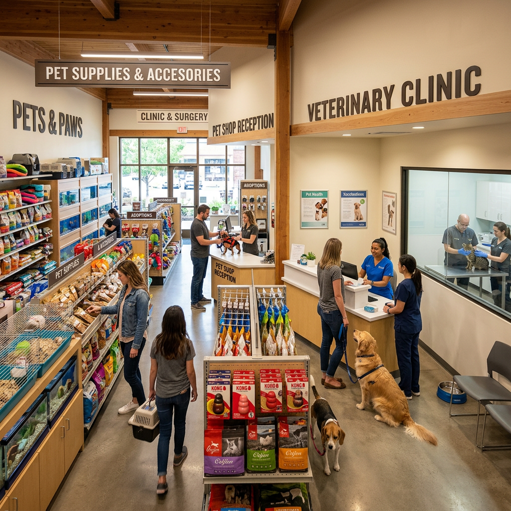 Veterinary clinic and pet store interior with customers, dogs, and staff at counters and examination rooms