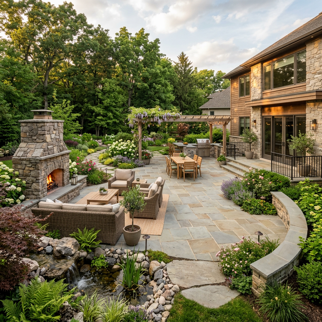 Outdoor patio with stone fireplace, seating area, dining table, pergola, and landscaped garden