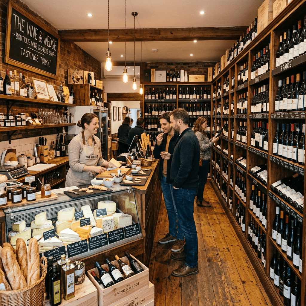 Customers tasting cheese and browsing wine bottles in a boutique wine and cheese shop