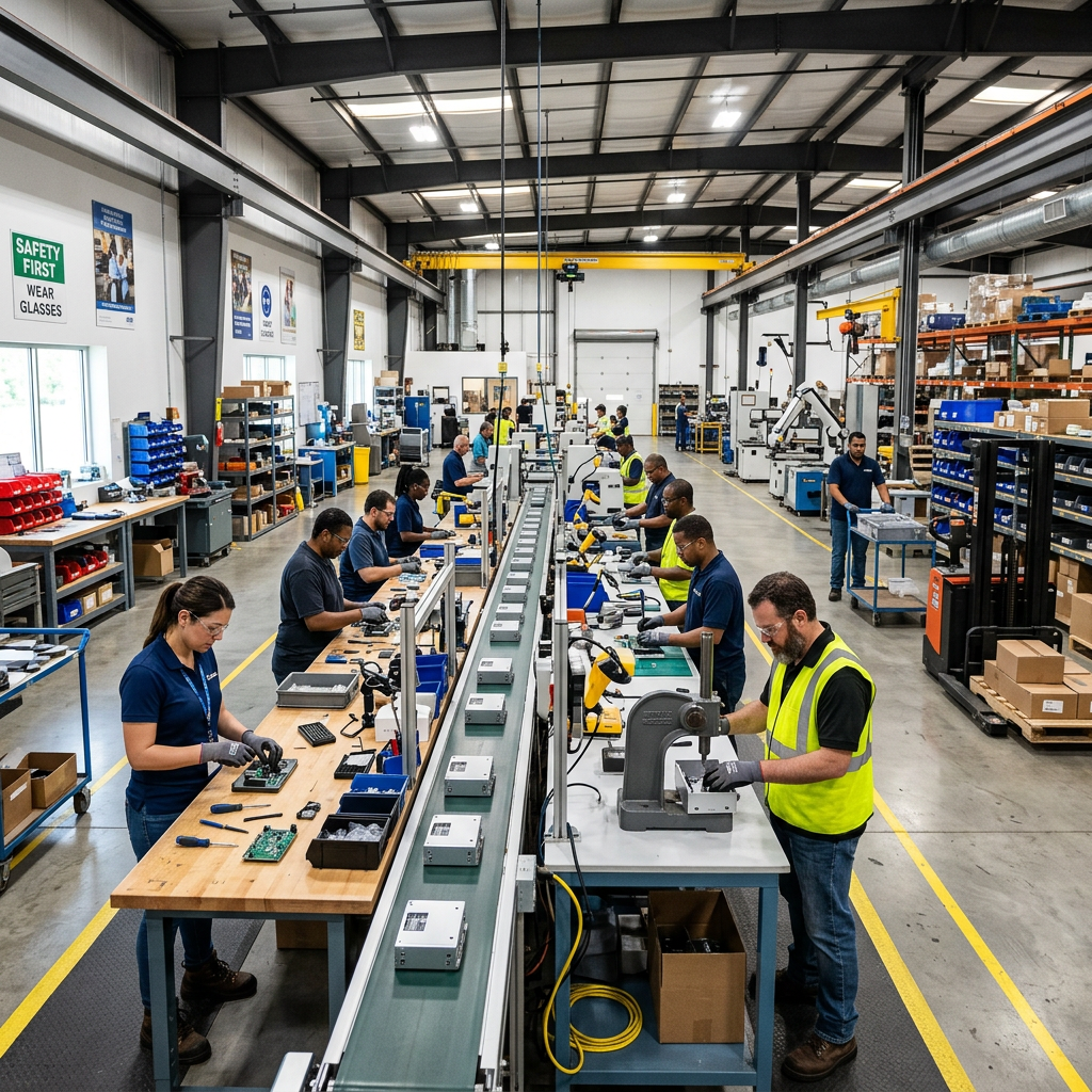 Workers assembling electronic circuit boards on a production line in a factory
